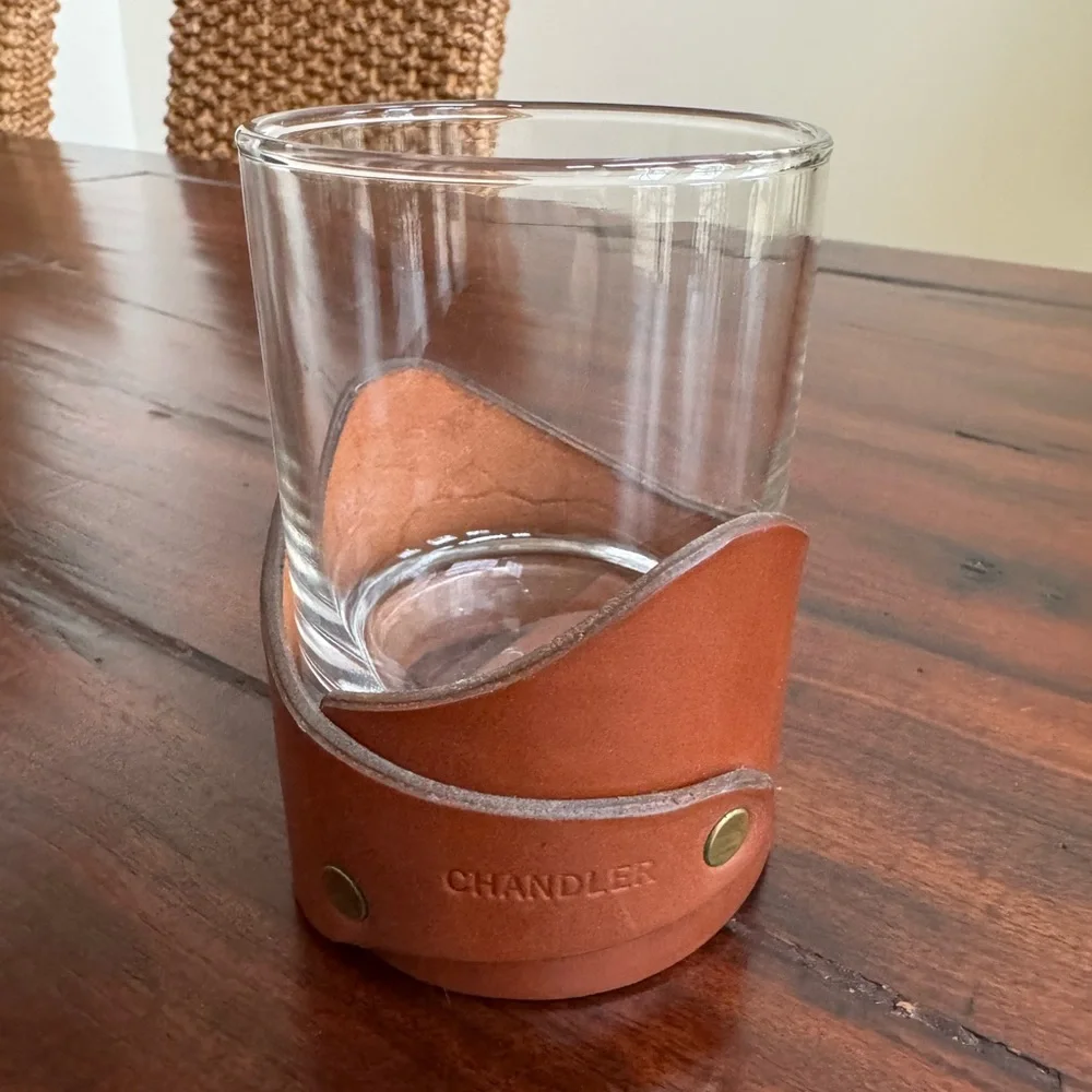 MCM Leather Drink Holder with Glass Mid century Vintage “Chandler”
